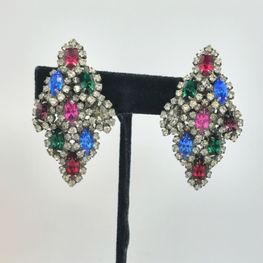 Vintage silver multicolored rhinestone trembler earrings
